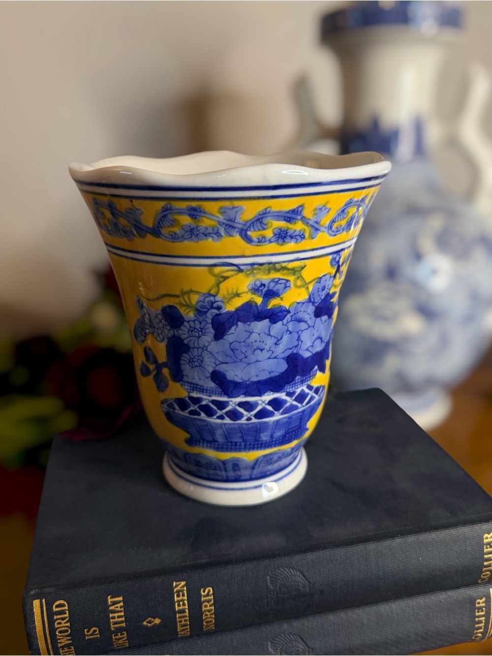 Blue Yellow Chinoiserie Porcelain Cachepot Planter Vase